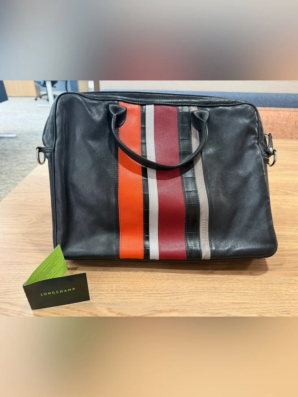 Longchamp Black Leather Laptop Bag with Orange, Red and Gray Stripes
